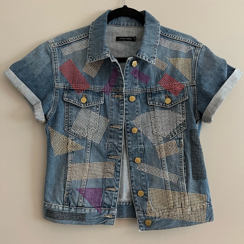Short sleeve embellished denim jacket